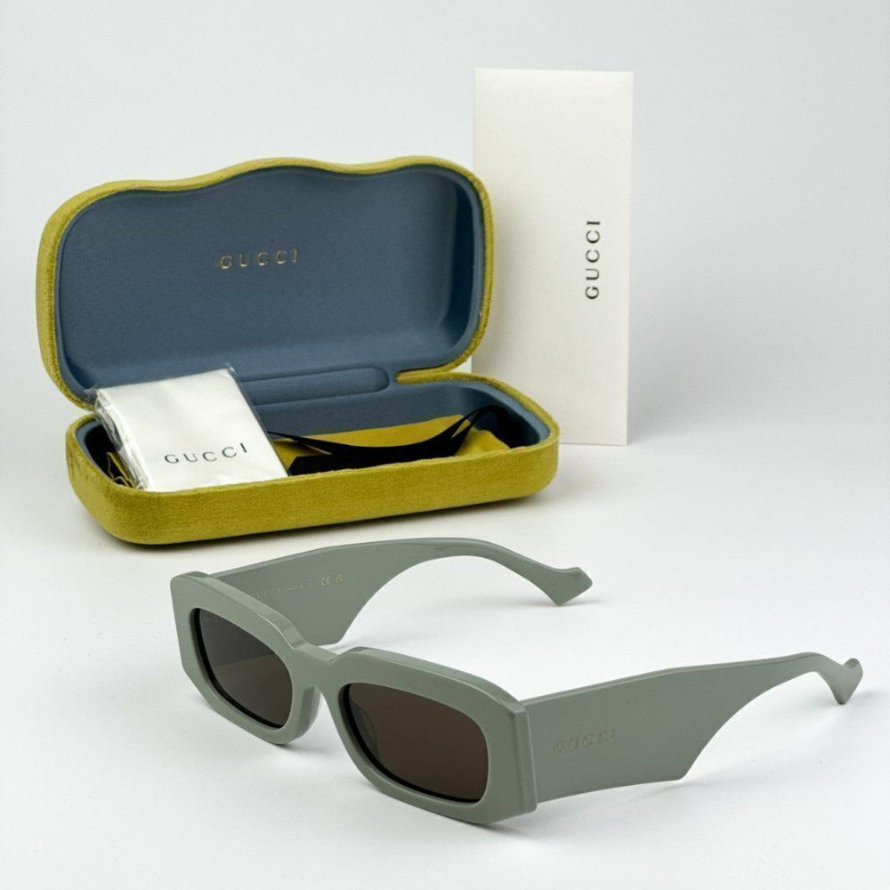 Gucci Sage Green Rectangular Sunglasses with Dark Brown Lenses - Picture 3 of 12